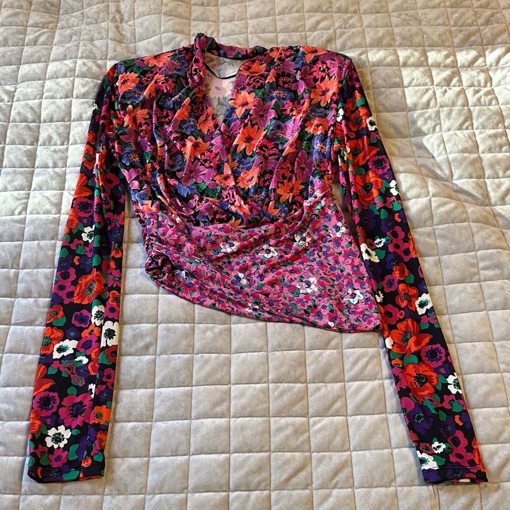 Zara Floral Wrap Long Sleeve Top in Pink, Purple and Red